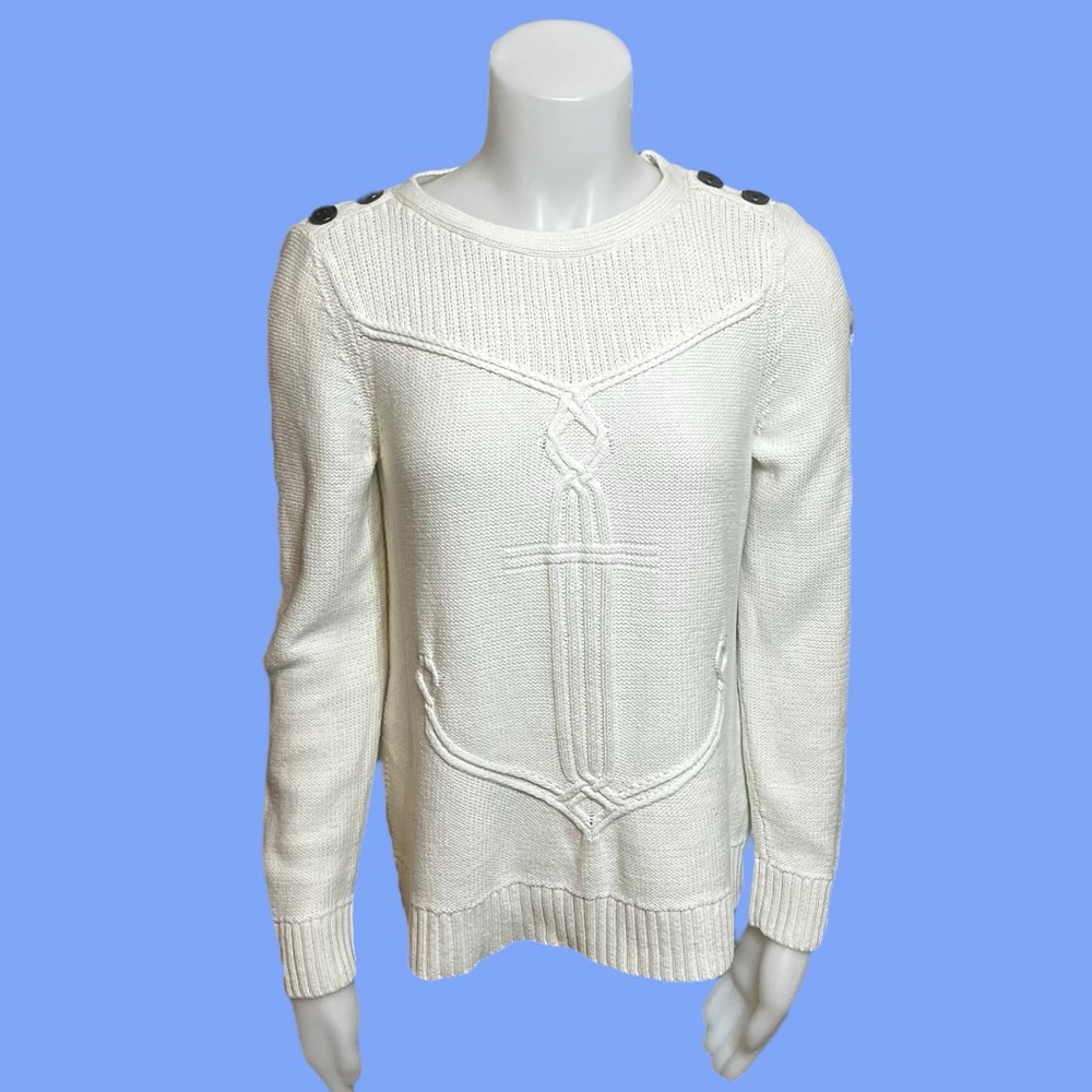 Women’s Talbots Anchor Cotton Sweater, Petite M, Off White - Picture 3 of 14